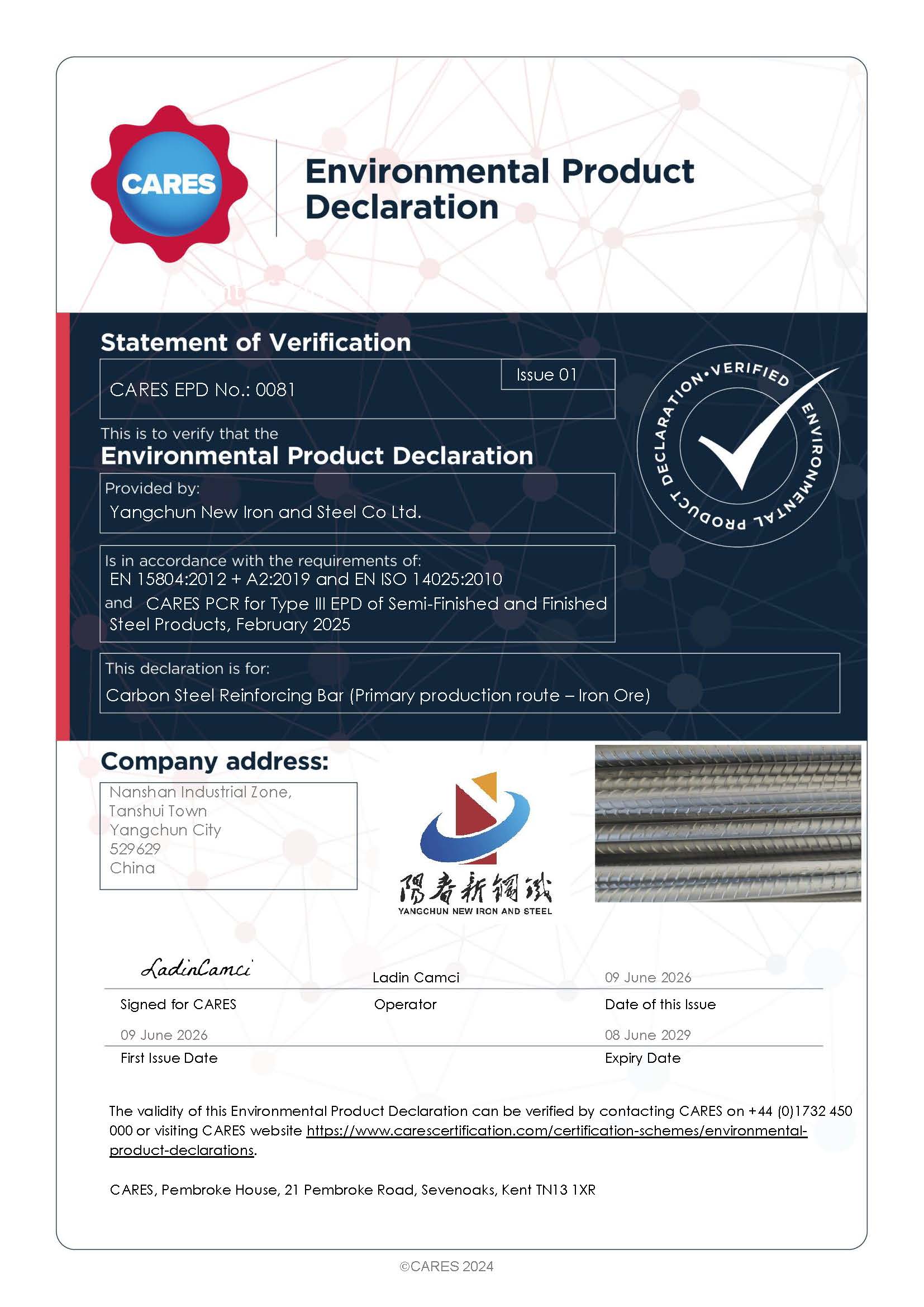 Yangchun New Iron and Steel Co Ltd. EPD